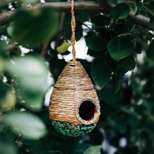 Handwoven teardrop sari birdhouse with recycled cotton trim and green patterns