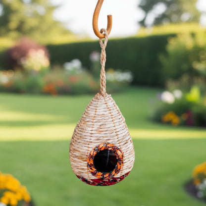 Teardrop Sari Birdhouse with recycled cotton sari mosaic entrance