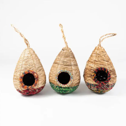 Teardrop sari birdhouse with recycled cotton sari accents