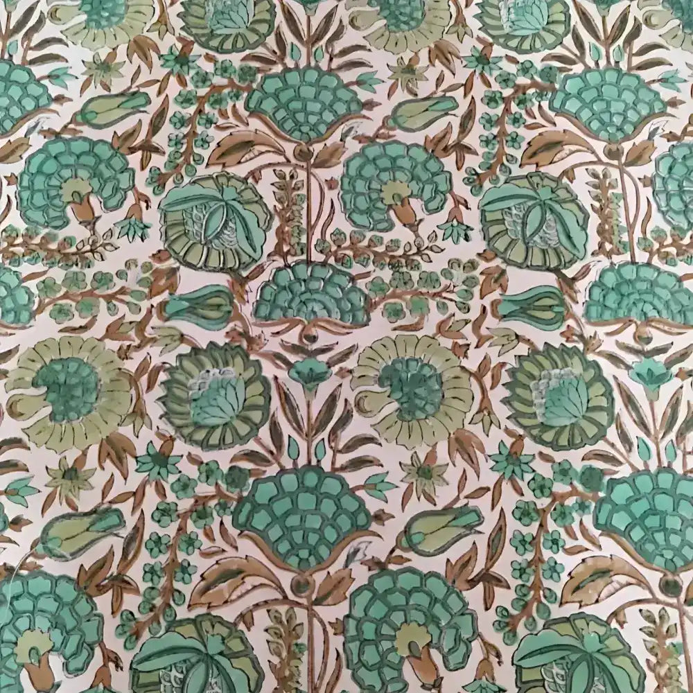 Cotton Block Print Tablecloth ~ Green Heron - 90’’ x 60’’ - Tablecloth