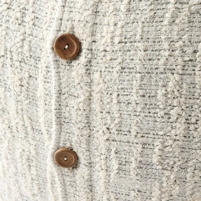 Off white and gray textured hand woven 20 inch x 20 inch pillow cover with three brown coconut buttons on one side 