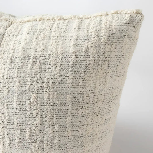 Off white and gray textured hand woven 20 inch x 20 inch pillow cover with three brown coconut buttons on one side 