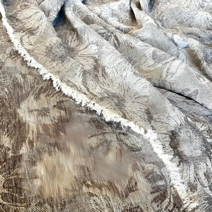 Textured linen bed runner with floral woven design in taupe and off white.