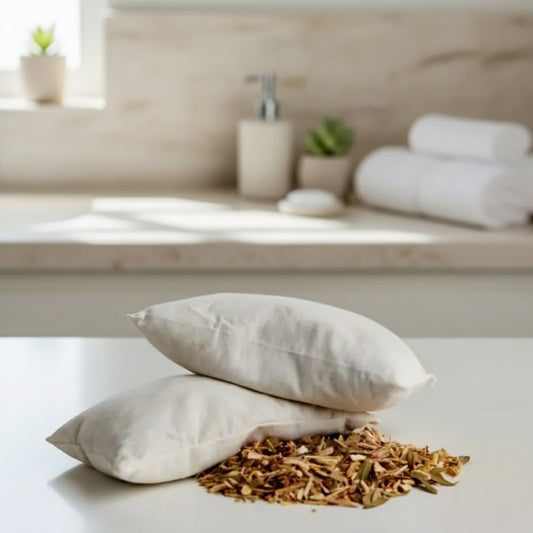 Thai herbal bath soak with white bags of herbal powder and dried wood chips for smooth skin