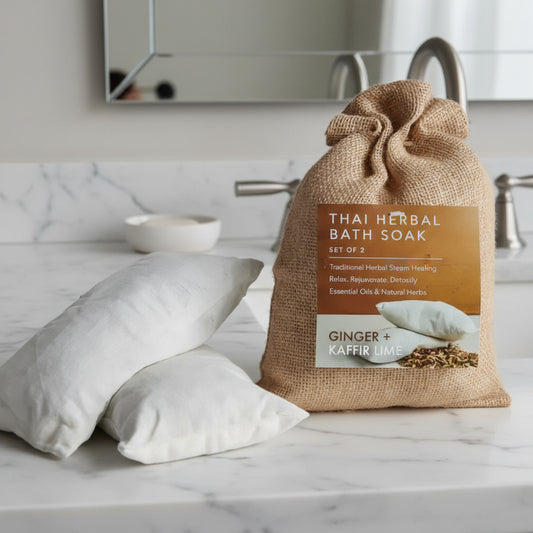 Burlap bag of Thai herbal bath soak with herbal sachets for smooth skin