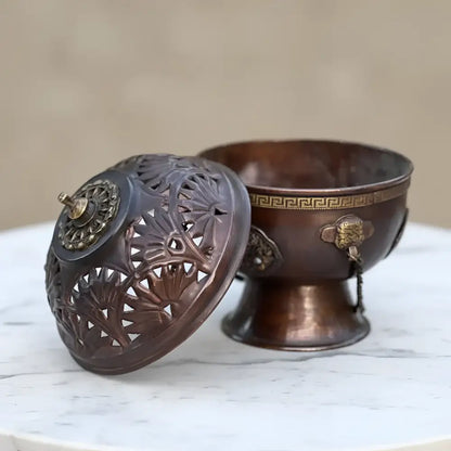Antique bronze tibetan hanging incense burner with fan-shaped cutouts and greek key pattern for cone or charcoal use