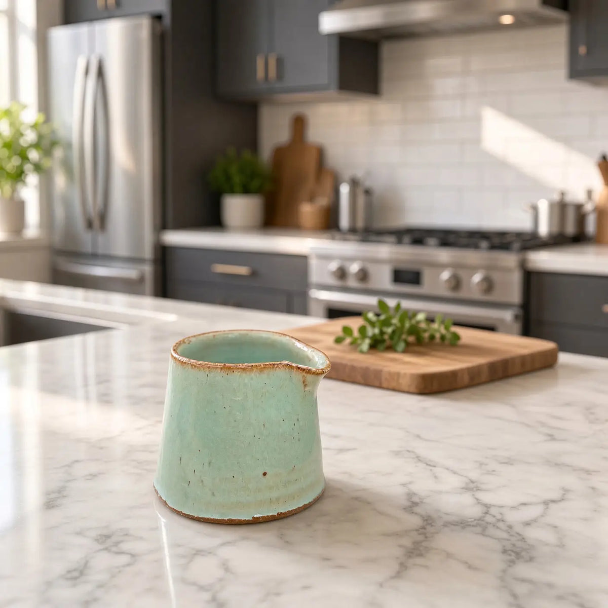 Tiny handmade ceramic condiment pitcher in mint green with rustic brown rim and handcrafted finish