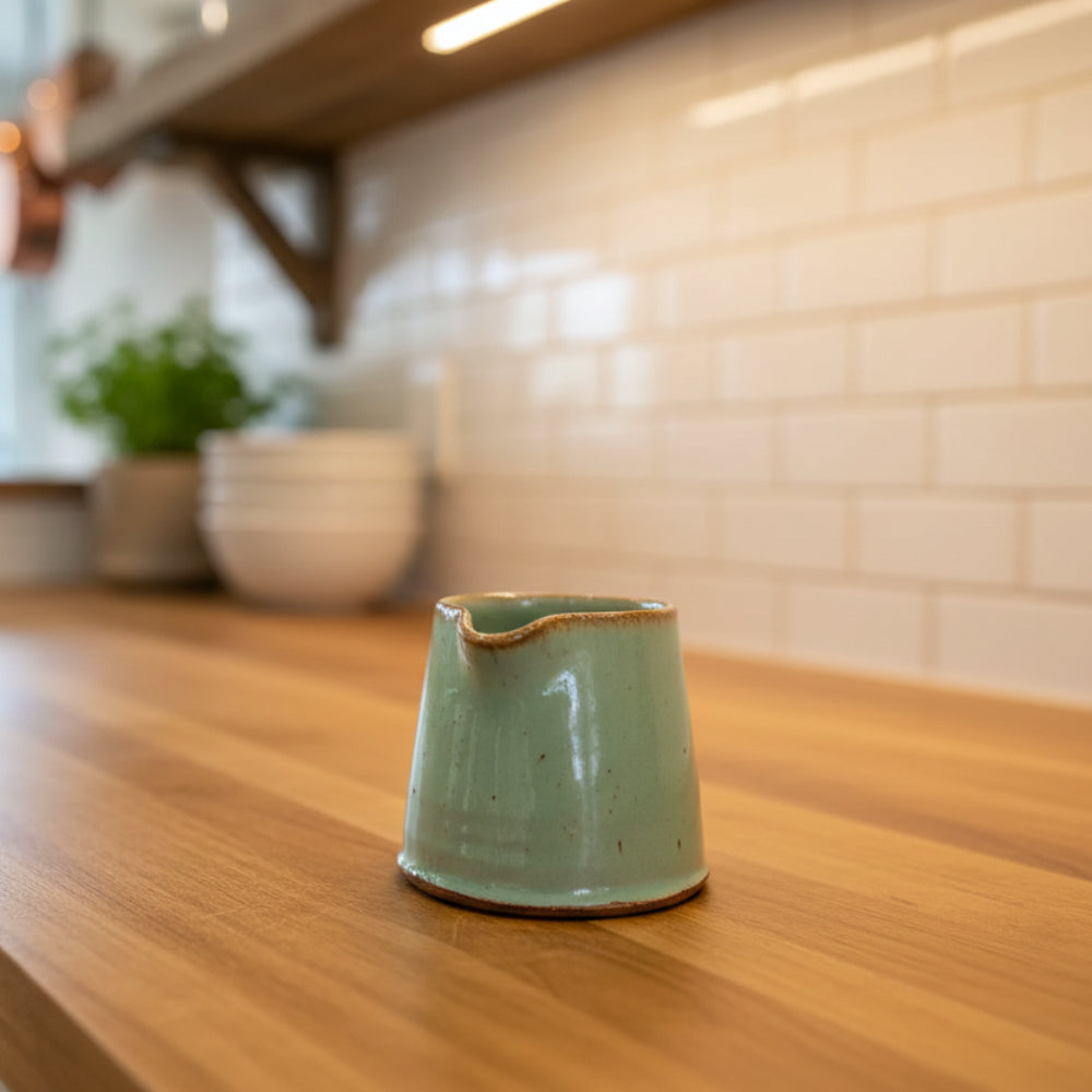 Handmade light green ceramic tiny pitcher for syrup or cream