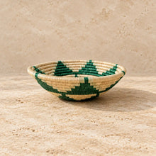 Handmade trianges small sisal bowl with vibrant green geometric pattern and hanging loop approximate size small
