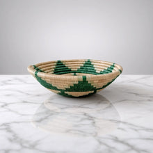 Handmade triangles small sisal bowl with geometric pattern in natural beige and green woven plant fibers with hanging loop