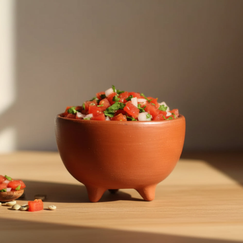 Handmade barro rojo tripod bowl with green coffee beans, Oaxaca