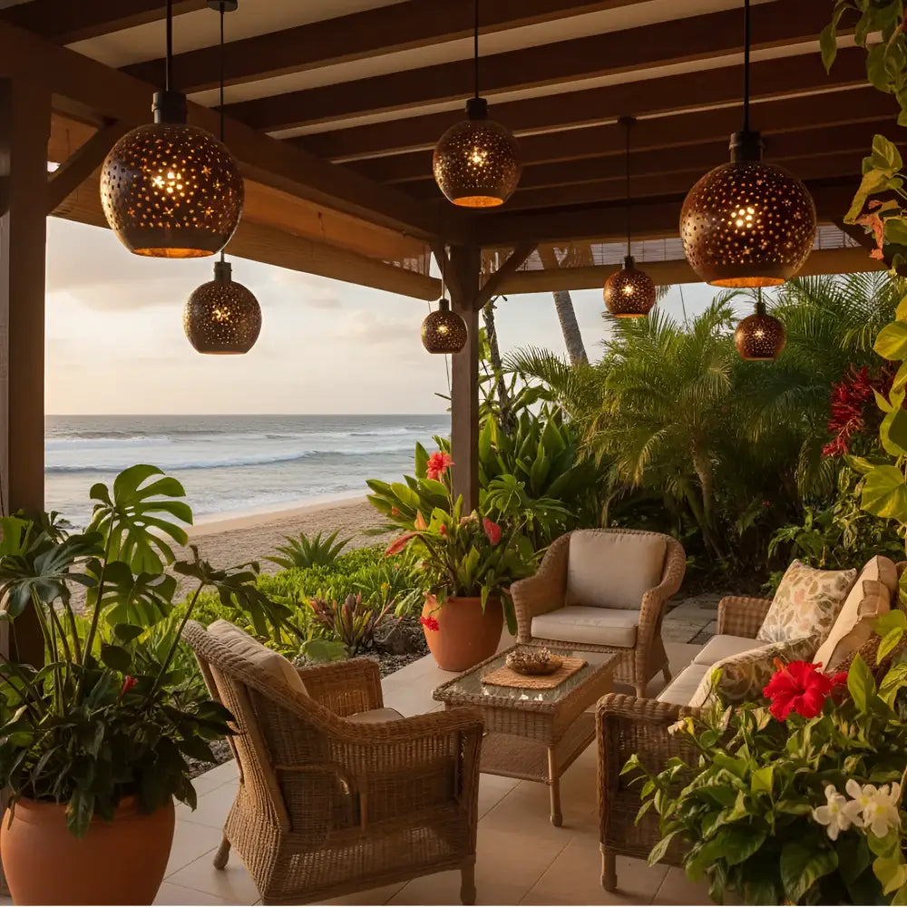 Warm copper-toned tropical coconut patio string light shades with hand-carved coconut shells hanging from wooden ceiling