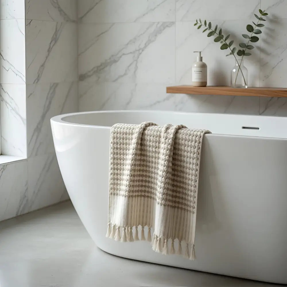 Beige turkish cotton dotted terry long hand towel with tassels draped over a white bathtub