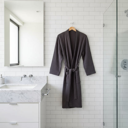 Charcoal grey Turkish Cotton Muslin Robe with tie waist and pockets, premium muslin cotton style