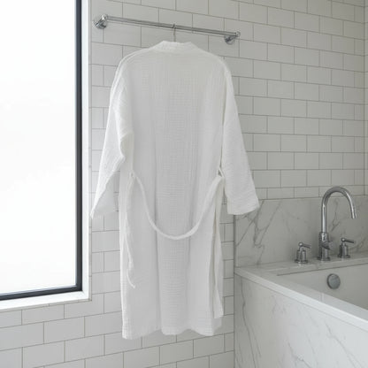 White waffle-weave bathrobe made from premium Turkish Cotton Muslin with tie belt
