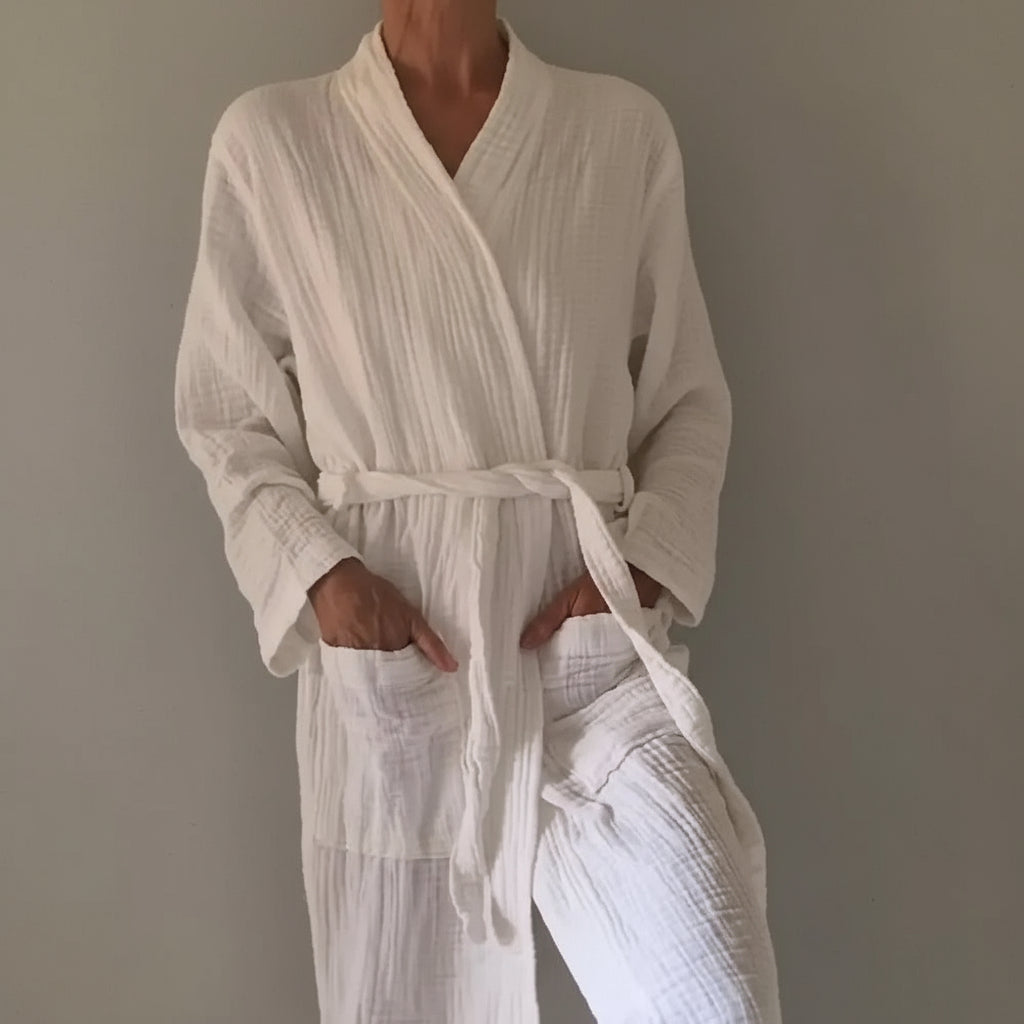 White textured Turkish Cotton Muslin Robe with tie waist and pockets for comfort