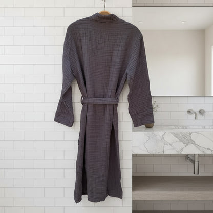 Dark gray waffle-knit muslin cotton robe with tie belt made from premium Turkish cotton
