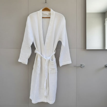 White waffle-knit Turkish Cotton Muslin Robe with tie belt and pockets for ultimate comfort