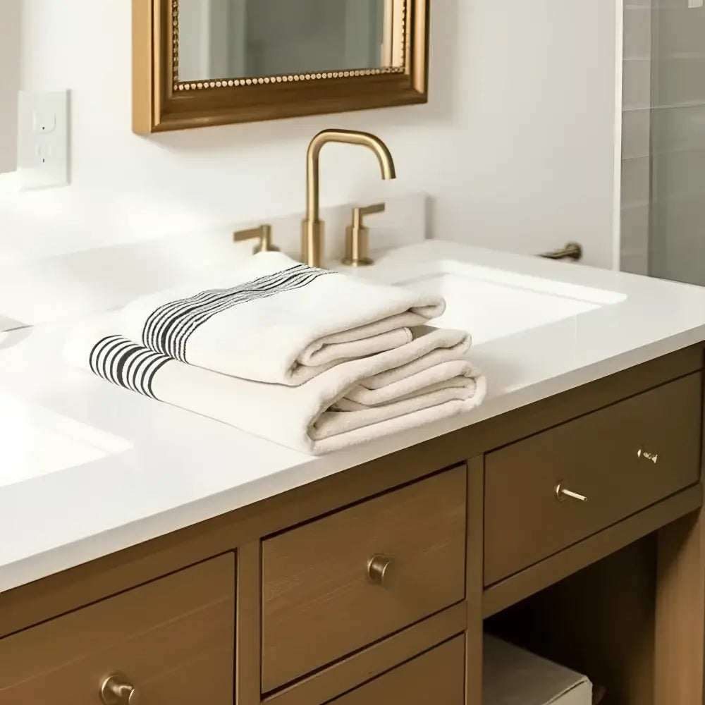 Neatly folded Melika Turkish cotton striped towel on bathroom counter
