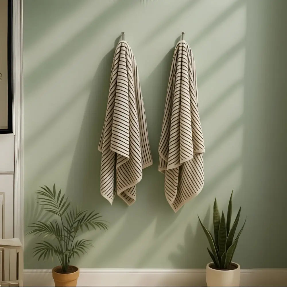 Two Melika Turkish cotton striped towels on pale green wall