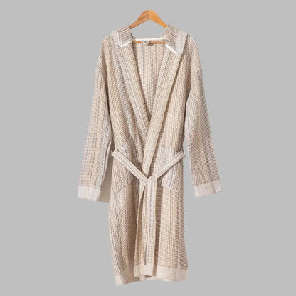 Beige waffle texture Turkish robe with hood.