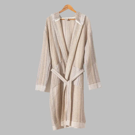 Beige waffle texture Turkish robe with hood.