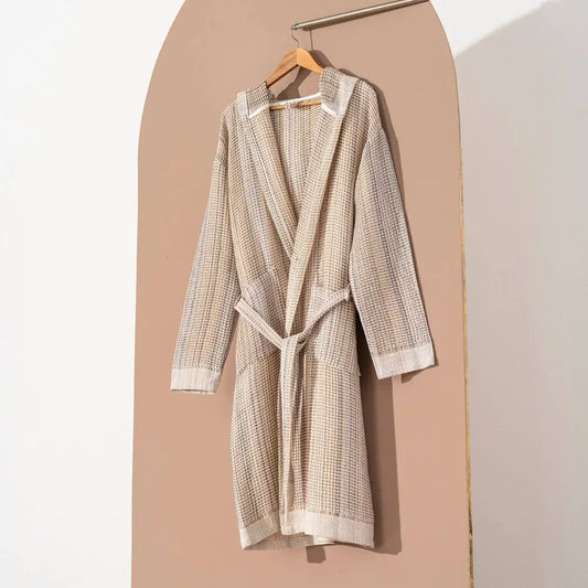 Beige waffle texture Turkish robe with hood.