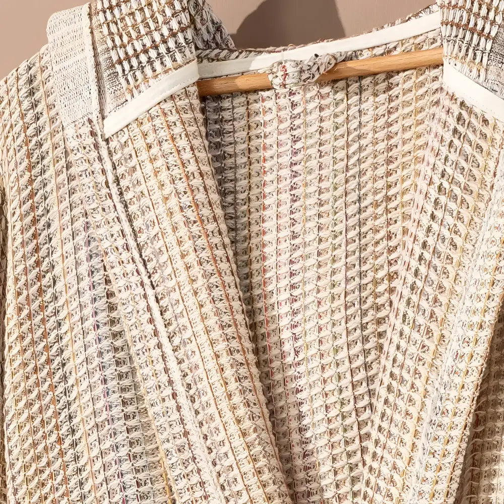 Beige waffle texture Turkish robe with hood.