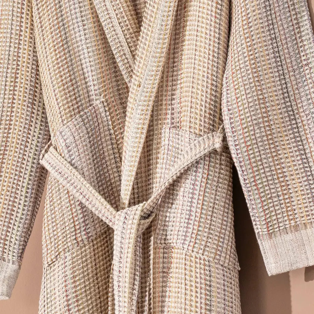 Beige waffle texture Turkish robe with hood.