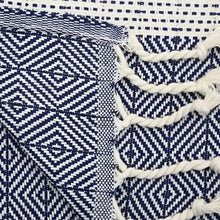 Turkish hand towel with diamond and dotted woven designs in navy blue.