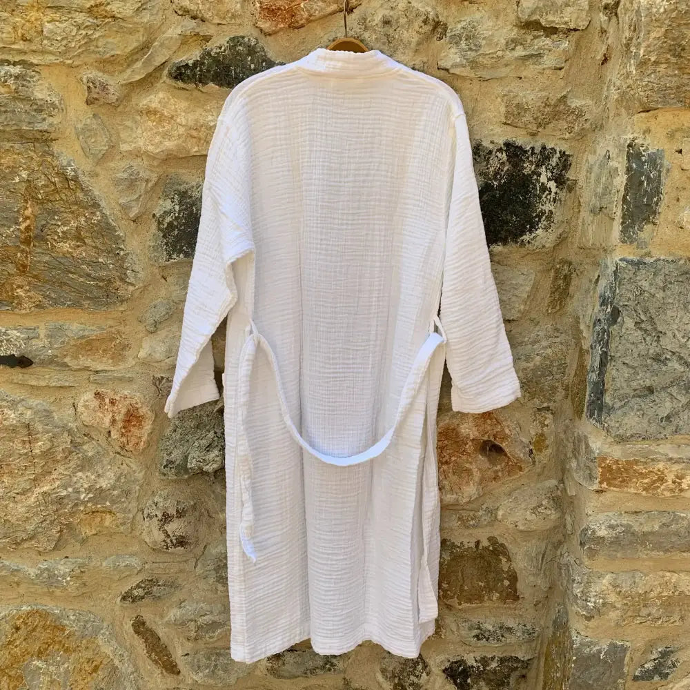Back view of white muslin robe