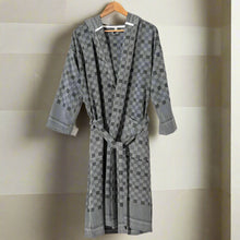 Hooded grey Turkish towel texture kimono robe with checkered pattern and tie belt