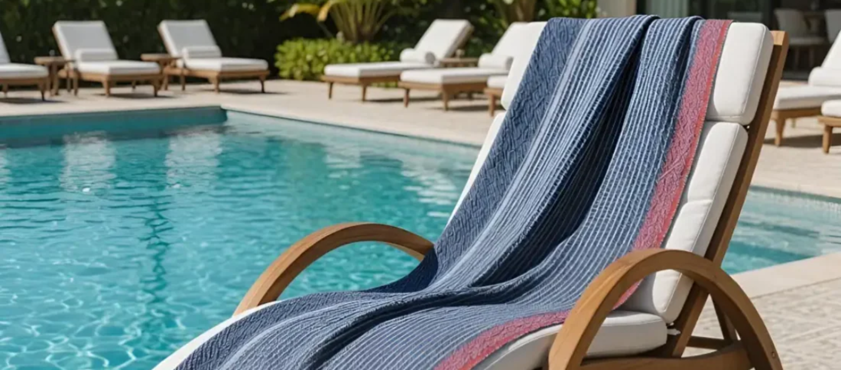 Chair with a striped towel by a poolside