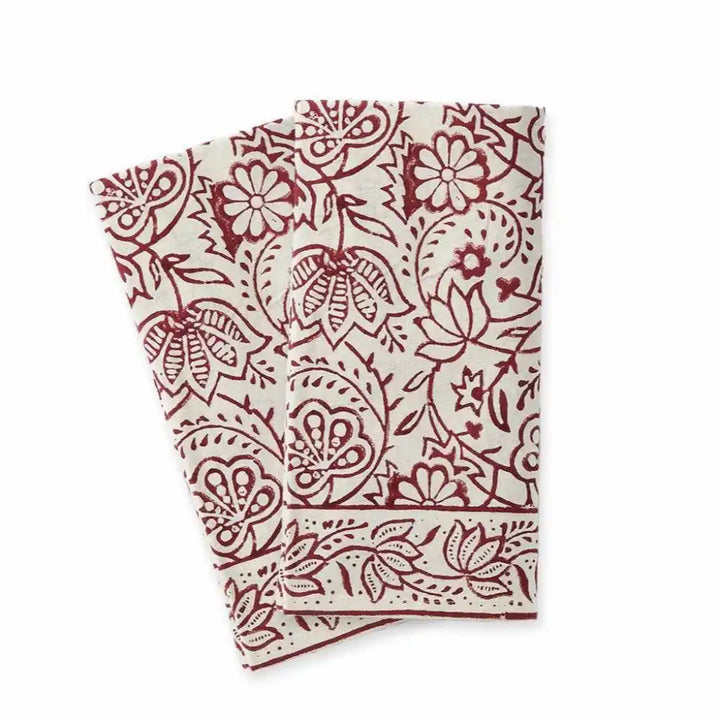 Cranberry Vine Block Print Napkins Set of 2 with a white background