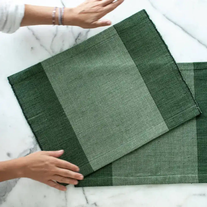 Two-tone green handwoven Ethiopian cotton placemats Fair Trade Certified for eco-friendly dining