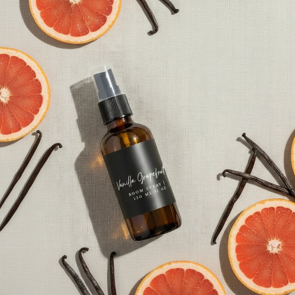 Vanilla grapefruit room spray in sleek amber glass bottle, 4 oz
