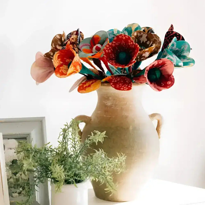 bouquet of fabric flowers in vase
