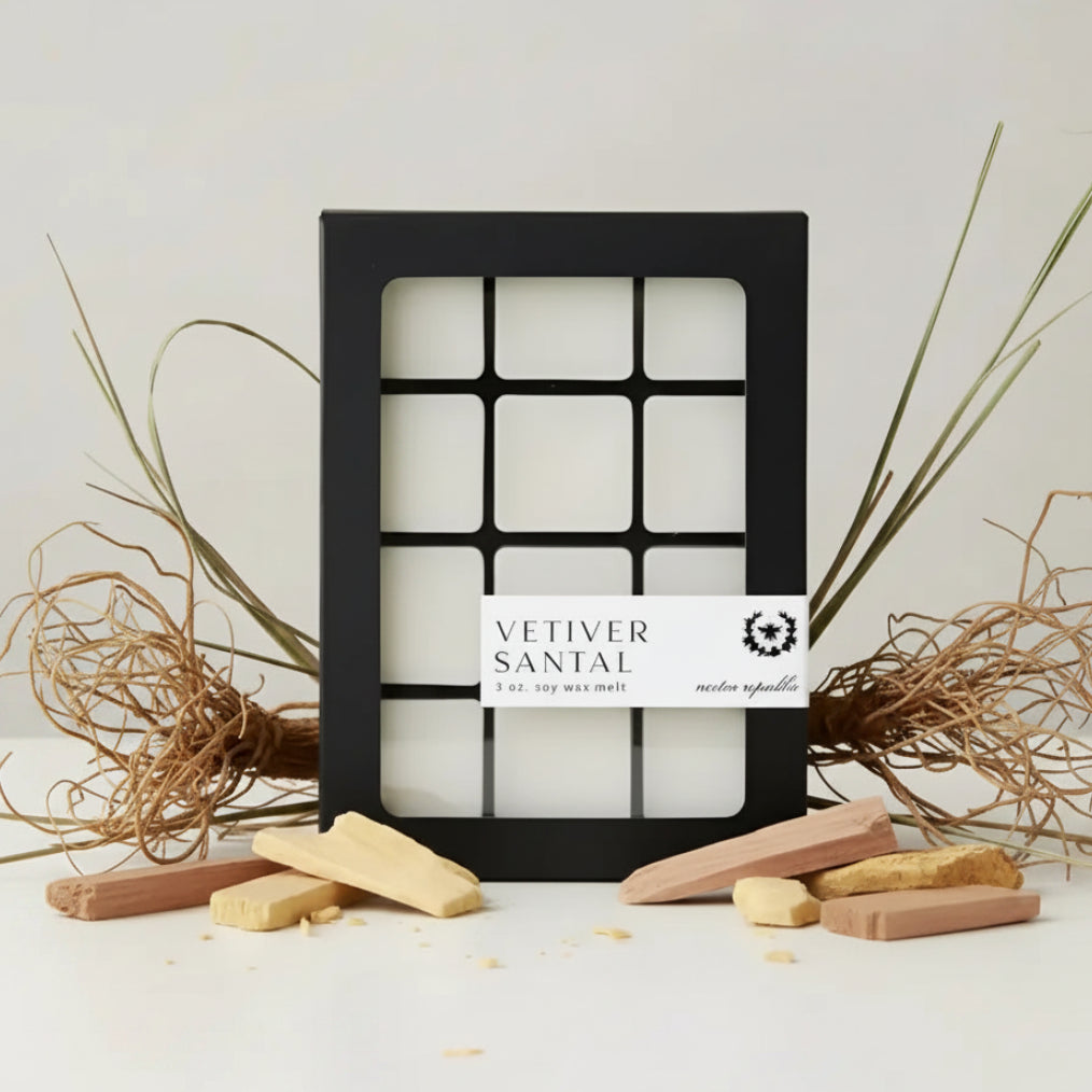 Black-framed box of twelve white soy wax melts labeled vetiver santal