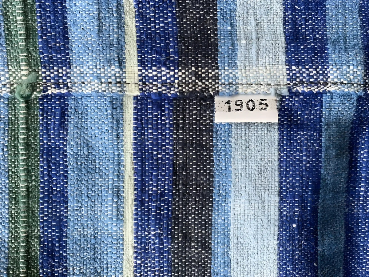 Vintage-style handmade ethiopian table runner with woven fabric in blue green and black stripes highlighting climate warming