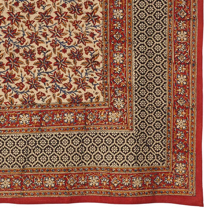 Cream-colored block printed traditional colors vines large tablecloth with floral pattern