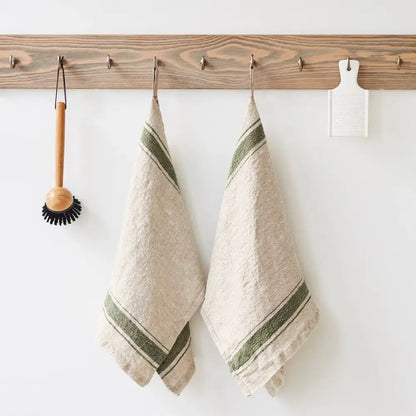 Vintage linen kitchen towel with green stripes, perfect for your vintage fabric collection