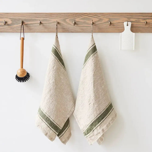 Two off-white vintage linen kitchen towels with green stripes
