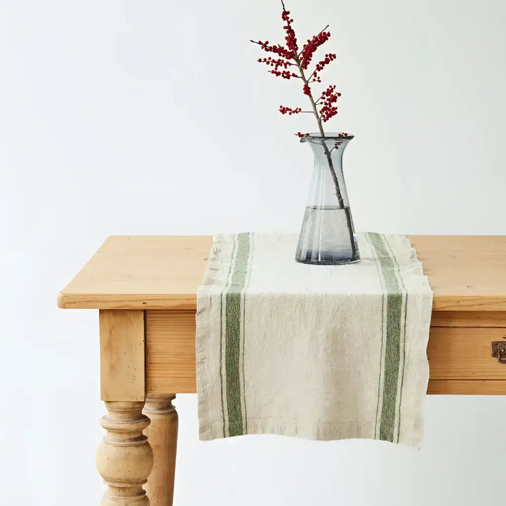 Green Stripe Vintage Linen Table Runner - 16’’x59’’ | 40x150 cm