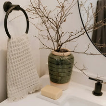 Waffle weave Turkish hand towel with exceptionally soft fibers.