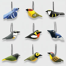 Colorful hand carved warbler balsa wood ornaments with black loops, painted with non-toxic acrylics