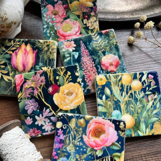 Watercolor Garden Midnight stone coasters - case of 6