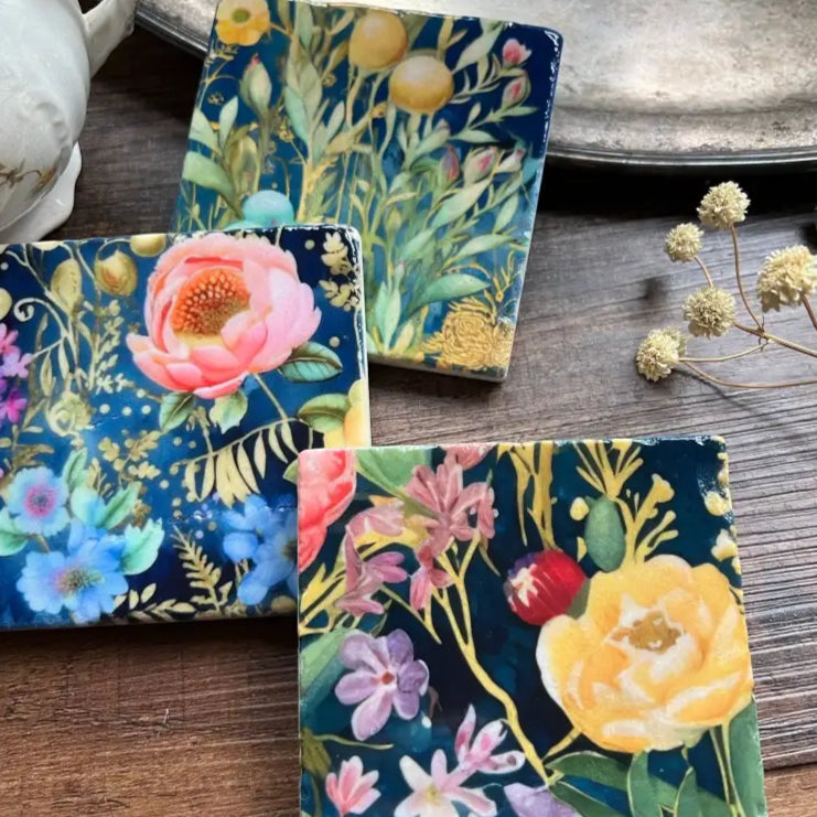 Watercolor Garden Midnight stone coasters - case of 6