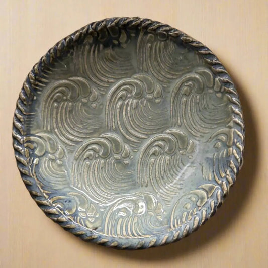 Handmade pottery ring dish with embossed wave pattern and rope rim in Waves Dish collection
