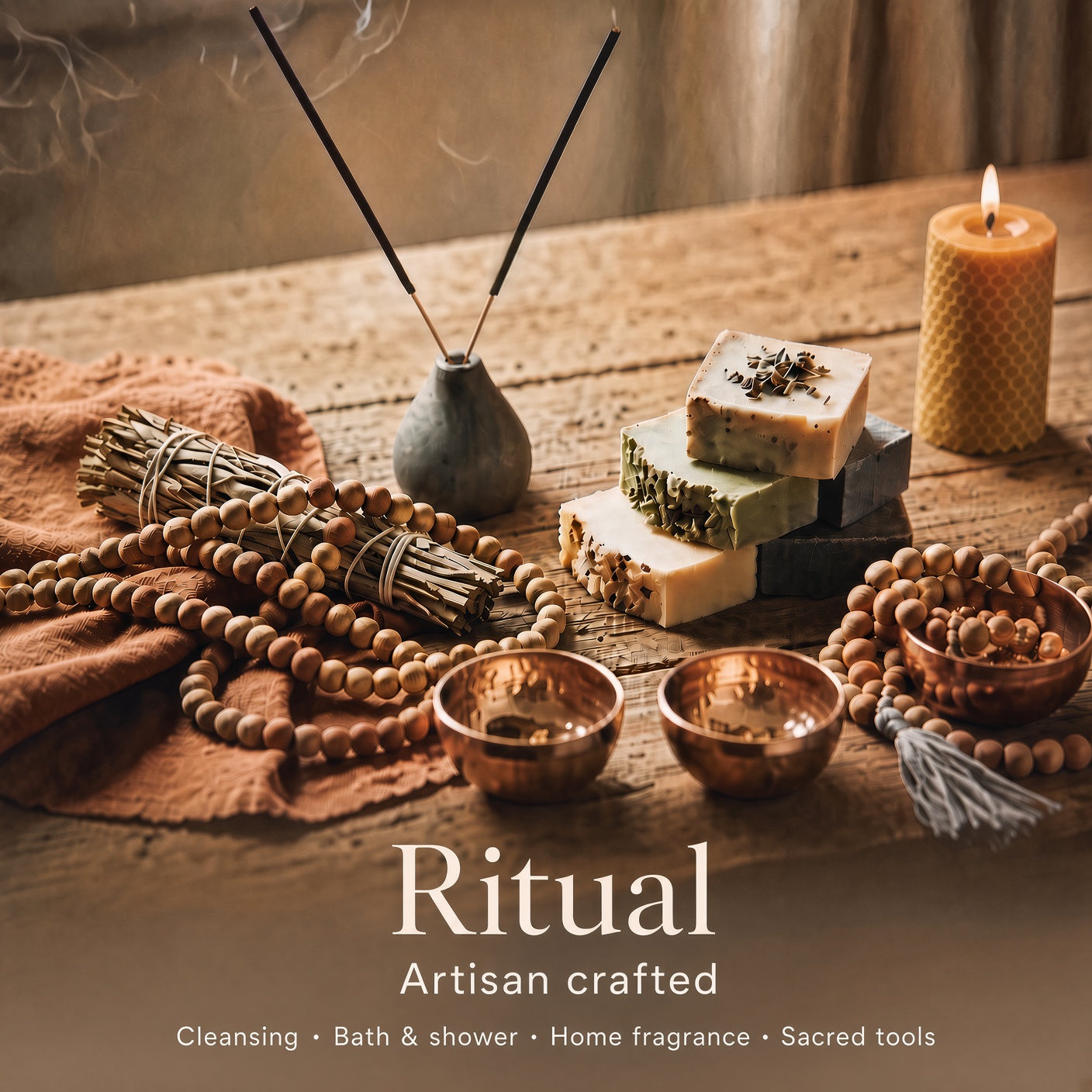 a rustic wooden table with mala beads, soap, a beeswax candle and small offering bowls with text that reads Ritual, artisan crafted, cleansing, bath and shower, home fragrance, sacred tools