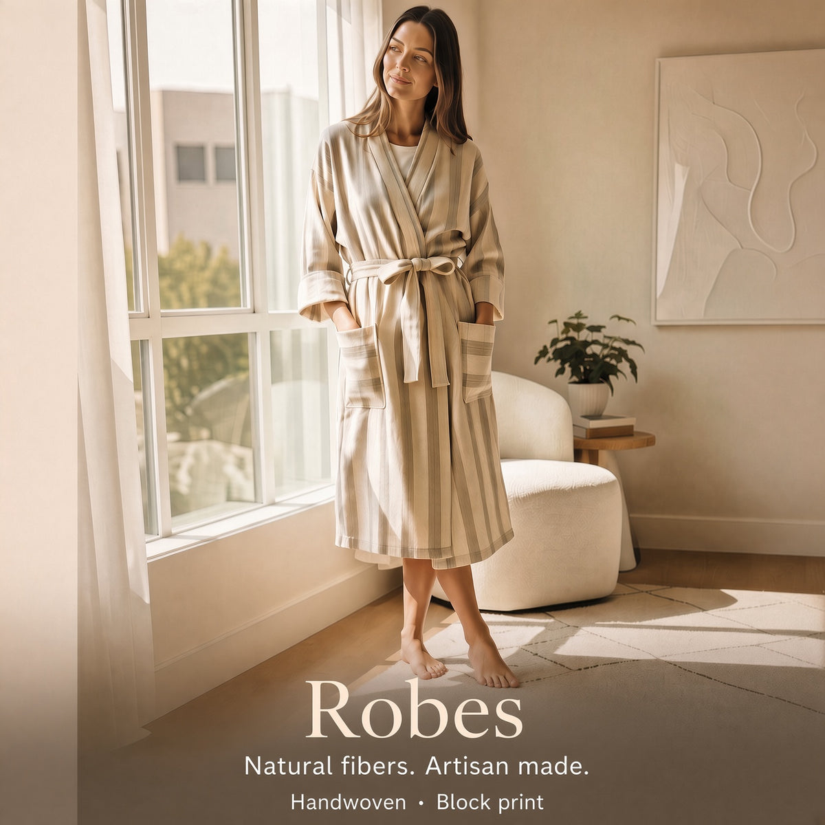 A woman stands barefoot in a bright, modern room wearing a long cream robe with warm beige vertical stripes. The image includes text overlays at the bottom reading 'Robes Natural fibers.